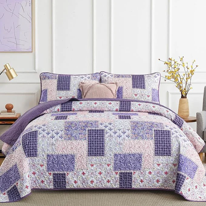 Reusable Xruibed Patchwork Quilt Set King Size 3 Pieces Plaid Floral Bedspread Coverlet Verified