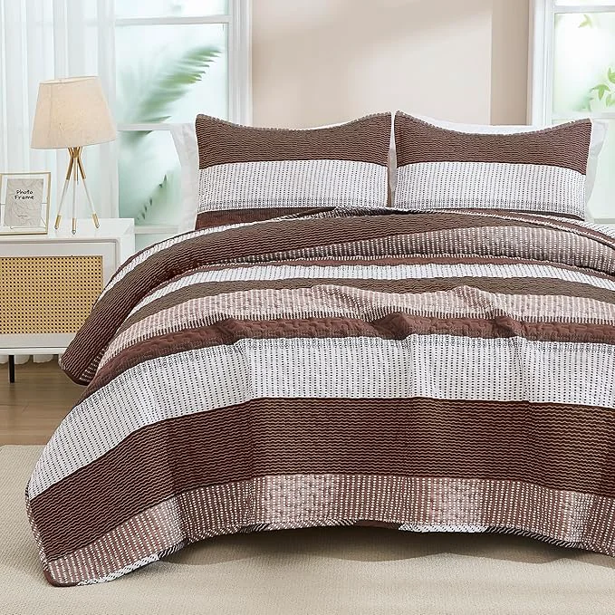 Crafted Andency Queen Quilt Bedding Set Brown 3 Pieces Patchwork Coffee Striped Ultra Verified
