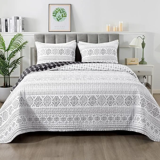 Functional Andency Black White California King Quilt Set 3 Pieces Boho Lightweight Soft Expertly Made