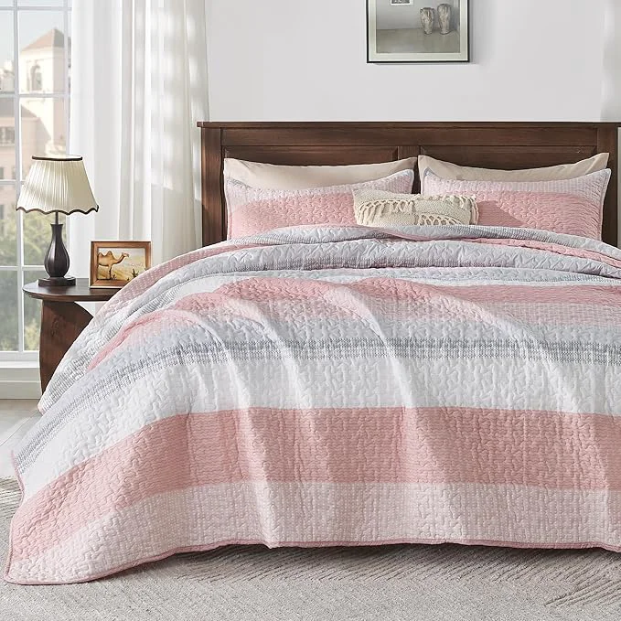 Luxury Andency Pink Quilt Cal King 3 Pieces Patchwork Striped Bedspread Coverlet Set Selected
