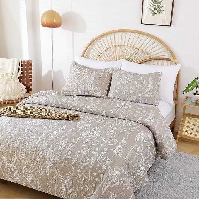 Sustainable JANZAA Quilt King Size Oatmeal Quilt Bed Spread Boho Quilt Top-Quality
