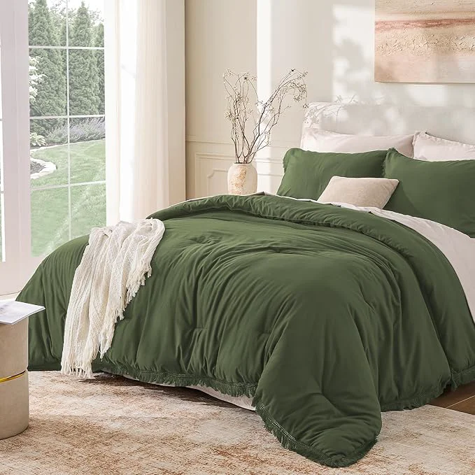 Top-Quality Andency Olive Green Comforter Set Full Size 3 Pieces Boho Tassel Lightweight Relaxed