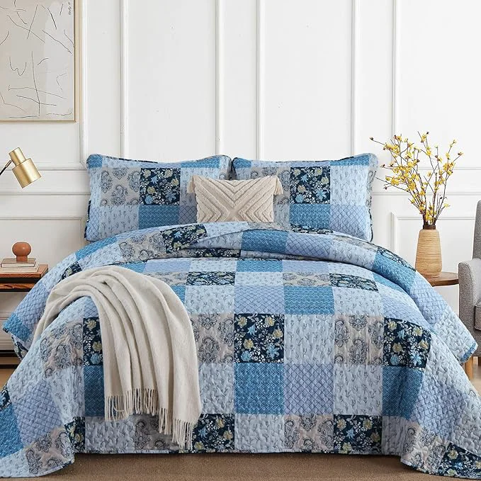 High-Grade Xruibed Blue Quilt Set King Size 3 Pieces Plaid Floral Boho Bedspread Coverlet Safe