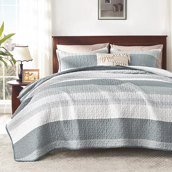Sophisticated Andency Grey Striped Quilt Queen 3 Pieces Patchwork Bedspread Coverlet Set Consistent