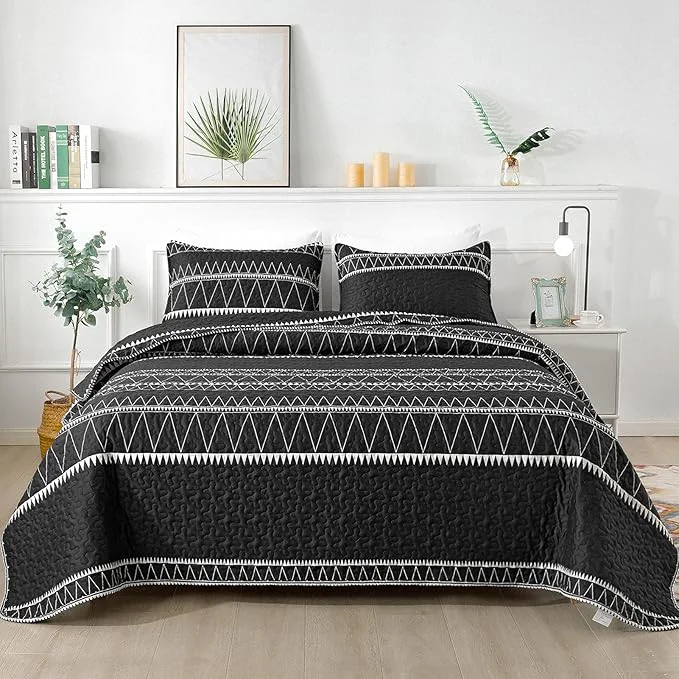 Official Andency Black California King Quilt Set 3 Pieces Boho Lightweight Soft Striped Flexible