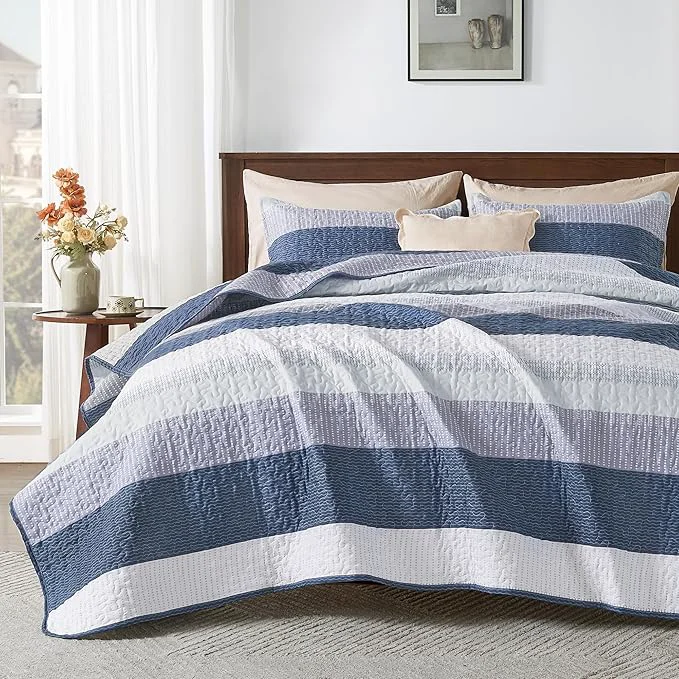Original Design Andency Queen Quilt Bedding Set Mineral Blue 3 Pieces Patchwork Summer Striped Specialty
