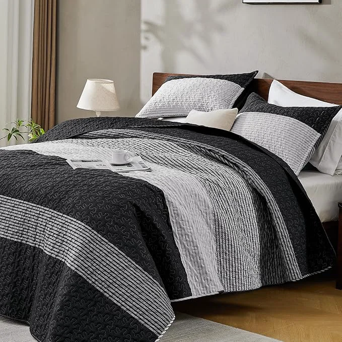 Fashionable Andency Oversized King Quilt Set Black White 120×120 Stripe Super King Eco-Friendly