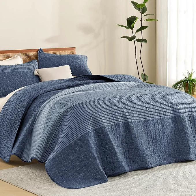 Fashionable Litanika Oversized Queen Quilt Set Sapphire Blue 98×98 Stripe Bedspread Casual