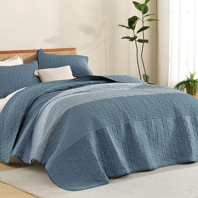 Excellent Litanika Oversized King Quilt Set Blue Linen 120×120 Stripe Bedspread Coverlet Modern