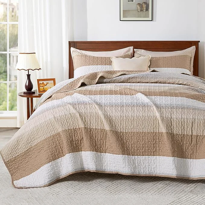 Flexible Andency Taupe Striped Quilt Queen 3 Pieces Patchwork Bedspread Coverlet Set Luxury