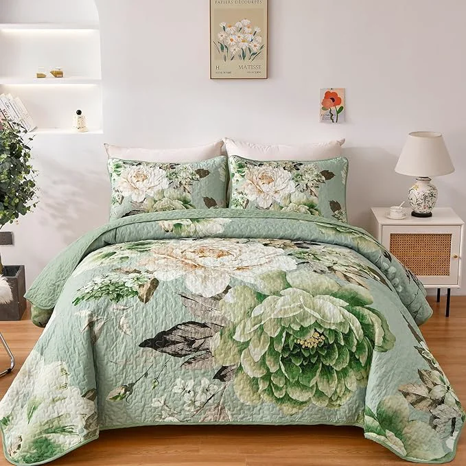Versatile WONGS BEDDING Floral Quilt Set Queen Sage Green 3 Pieces Elegant Flower Exceptional