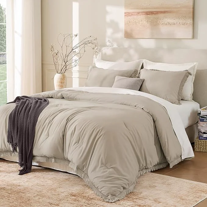 Original Design Andency Oatmeal Comforter Set King Size 3 Pieces Boho Tassel Lightweight Natural