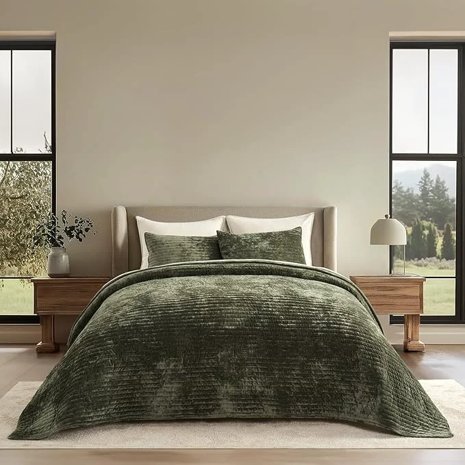 Trusted EVERGRACE Velvet Quilt Set King Size Luxurious Soft Striped Channel Bedding Set Dependable