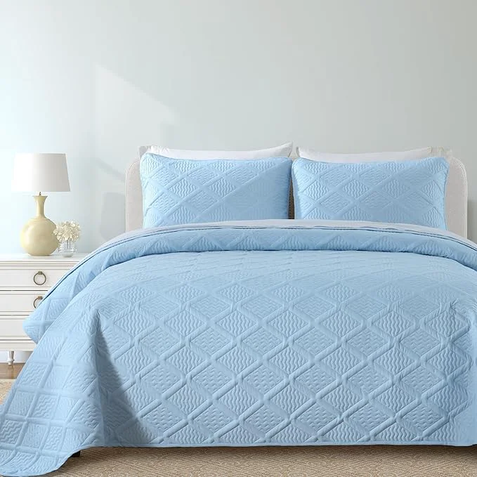 Trusted Yiran Ash Blue Quilt Set King Size 3 Piece Reversible Bedspreads Bedding Set Traditional
