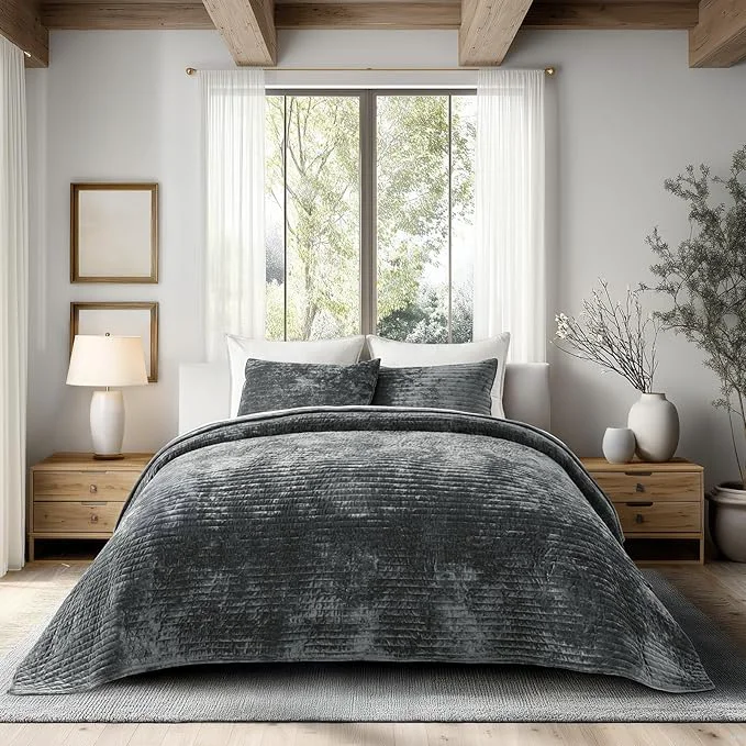 Smart EVERGRACE Velvet Quilt Set California King 118” x 106” Luxurious Soft Powerful