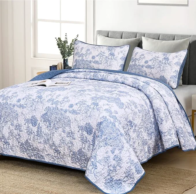 Flexible WONGS BEDDING Blue Quilt Set Twin Size 2 Pieces Botanical Bedspreads Set Elite