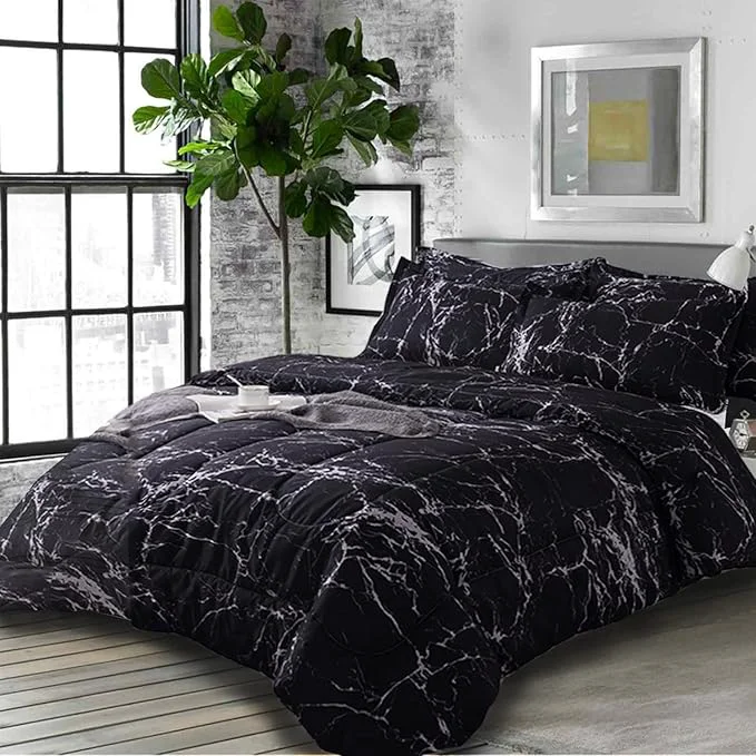 Enhanced Nanko King Comforter Set Dark Black Marble Print 104 x 90 inch Reversible Down Outstanding
