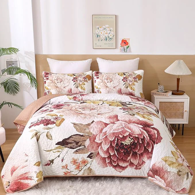 Optimized WONGS BEDDING Blush Floral Quilt Set Queen Elegant Flower Bedspread Coverlet Fashionable