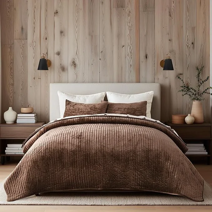 Secure EVERGRACE Velvet Quilt Set Queen Size Luxurious Soft Striped Channel Bedding Excellent