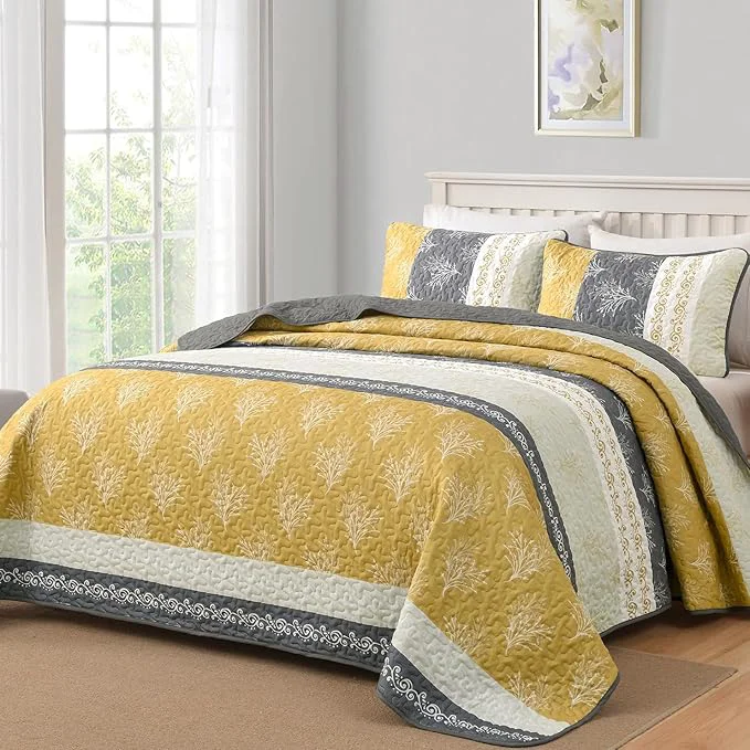 Fine DJY Yellow Boho Quilt Set Queen Size Striped Floral Yellow and Grey Bedspread Secure