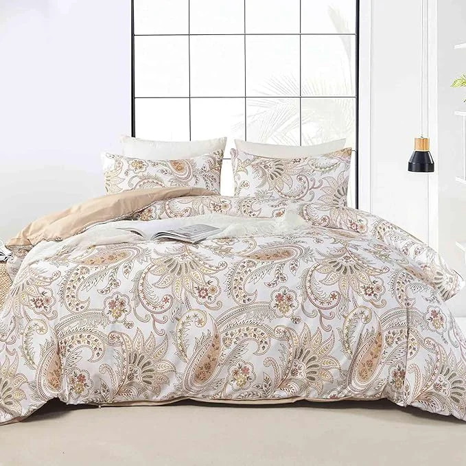 Original Design Nanko Paisley Comforter Set Queen Size 3 Pcs Tan Taupe Classy Boho Damask Excellent