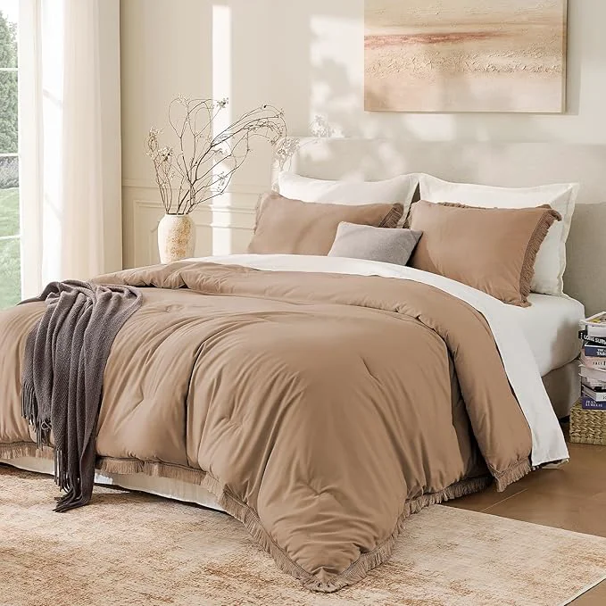 Pure Andency Taupe Comforter Set Full Size 3 Pieces Boho Tassel Lightweight Bedding Efficient