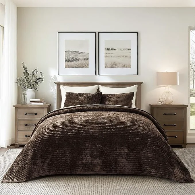Trusted EVERGRACE Velvet Quilt Set King Size Luxurious Soft Striped Channel Bedding Set Fast