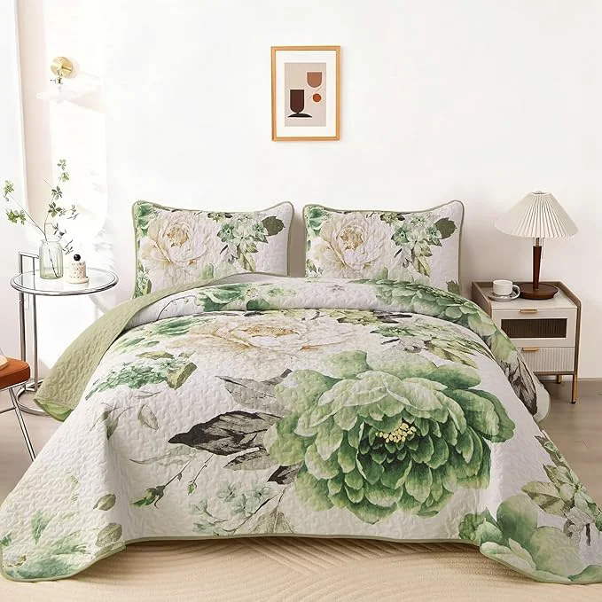 Trusted WONGS BEDDING Green Floral Quilt Set King 3 Pieces Reversible Lightweight Relaxed
