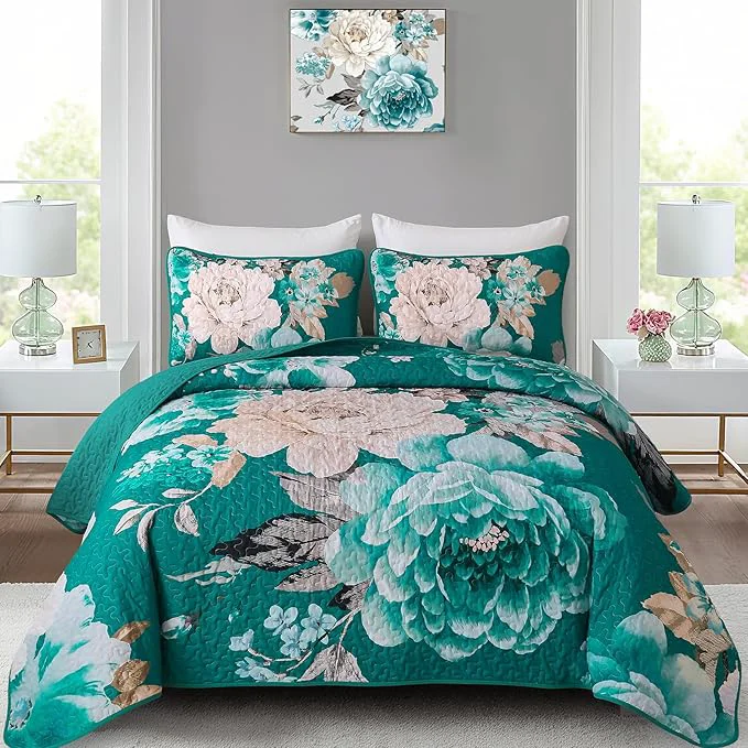 Consistent WONGS BEDDING Teal Boho Floral Quilt Set Queen Elegant Flower Bedspread Pure