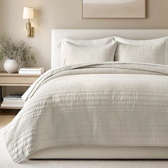 Proven EVERGRACEHOME Cotton Modern Lines Quilt Set Queen Size Pre-Washed Soft Detailed