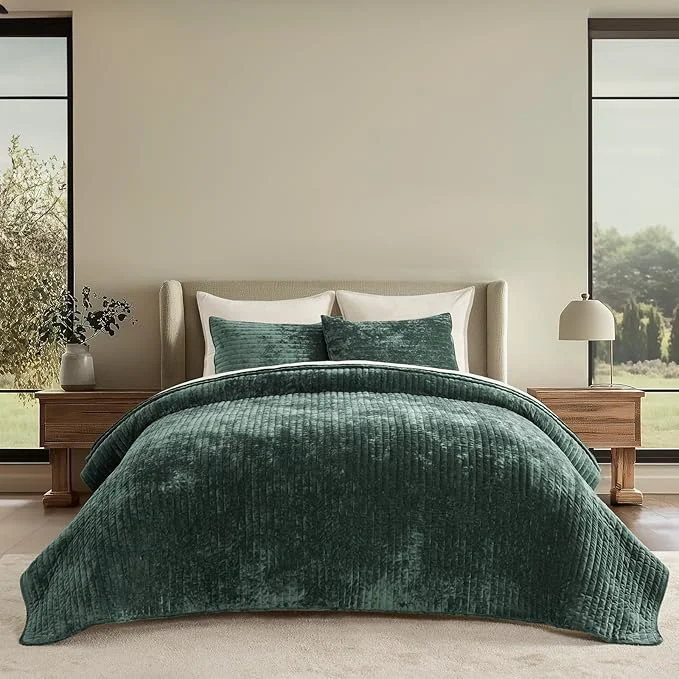 Refined EVERGRACE Velvet Quilt Set Queen Size Luxurious Soft Striped Channel Bedding Responsible