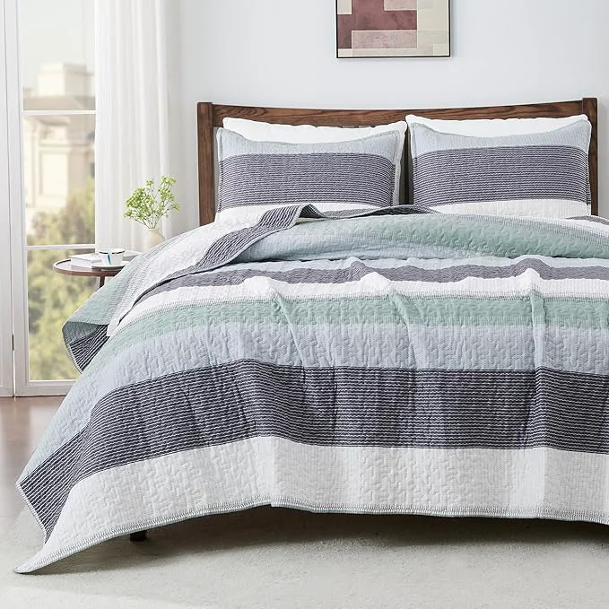 Advanced Andency Oversized King Quilt Set Sage Green 128×120 Stripe Bedspread Coverlet Carefully Designed