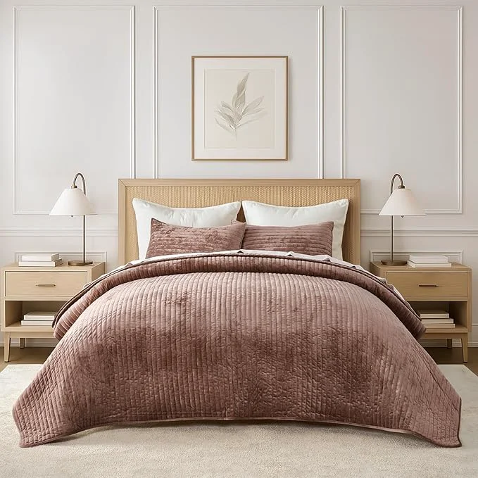 Sophisticated EVERGRACE Velvet Quilt Set Full Queen Size Luxurious Soft Striped Channel Smart