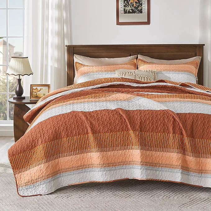 High-Performance Andency Orange Quilt Queen 3 Pieces Patchwork Striped Bedspread Coverlet Set Sustainable