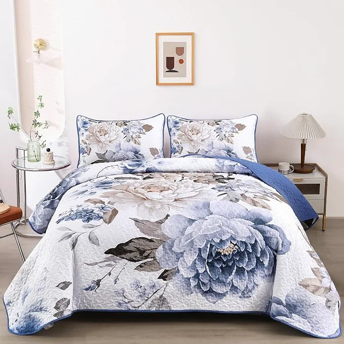 Breathable WONGS BEDDING Floral Quilt Set Blue California King Size 3 Pieces Elegant Powerful