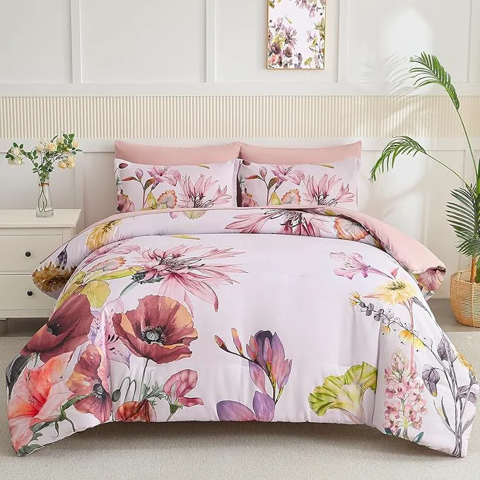 Premium Yogeneg Queen Comforter Set 7 Piece Bed in a Bag Elegant Floral Botanical Practical