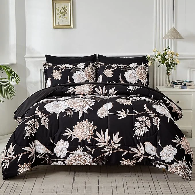 First-Class Yogeneg 7 Piece Bed in a Bag Kingsize Comforter Set Botanical Floral Bedding Set Traditional