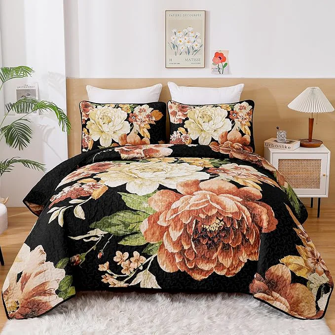 Versatile WONGS BEDDING Black Boho Floral Quilt Set Queen Elegant Gold Flower Bedspread Healthy