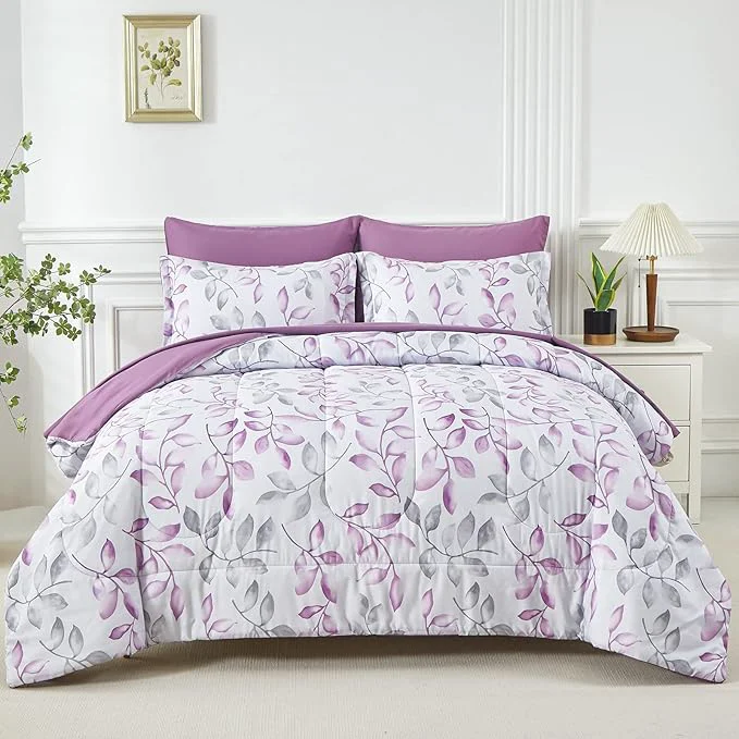 Minimalist Yogeneg Botanical Comforter Set Queen Size 7 PCS Bed in a Bag Soft Microfiber