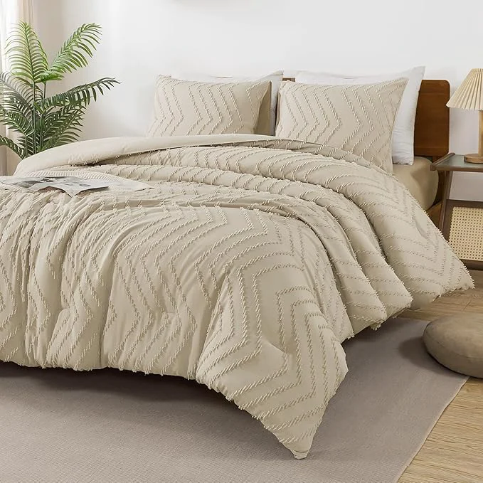 Andency Light Khaki Comforter Set King Size Boho Soft Warm Tufted Bedding Functional