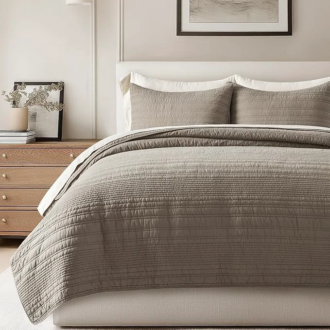 Effective EVERGRACEHOME Cotton Modern Lines Quilt Set Queen Size Pre-Washed Soft Sophisticated