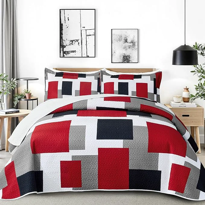 Trusted Tyrot 3 Piece Red Black Grey Quilt Set California King Size Red White Geometric Smooth