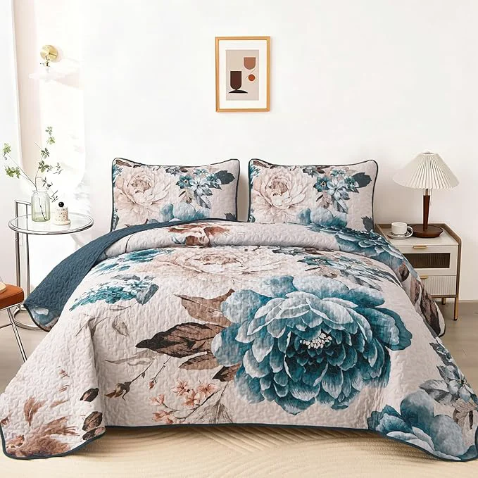 Minimalist WONGS BEDDING Floral Quilt Set Aqua Queen Quilted Printed Lightweight Selected