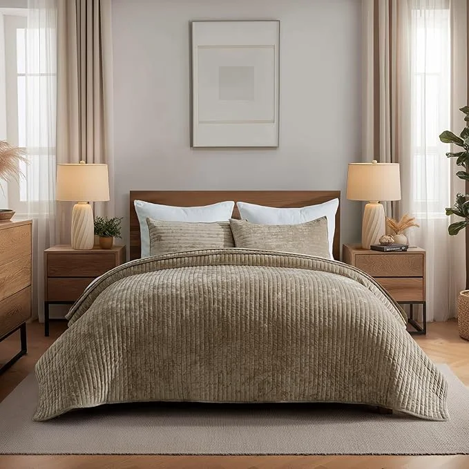 Premium Material EVERGRACE Velvet Quilt Set Queen Size Luxurious Soft Striped Channel Bedding Innovative