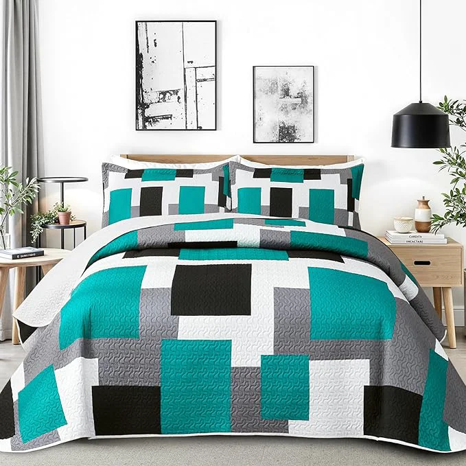 Premium Tyrot 2 Piece Teal Turquoise Grey Quilt Set Twin Size Black White Geometric Specialty