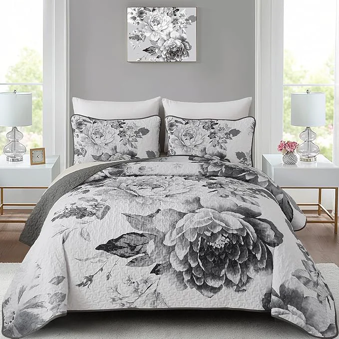 Stylish WONGS BEDDING Grey Boho Floral Quilt Set King 3 Pieces Elegant Gray Flower Solid