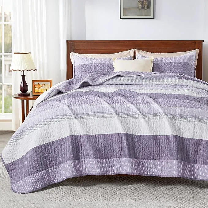Organic Andency Queen Quilt Bedding Set Grayish Purple 3 Pieces Patchwork Summer Versatile