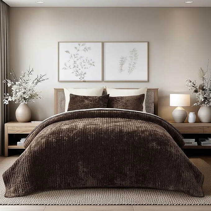Healthy EVERGRACE Velvet Quilt Set Queen Size Luxurious Soft Striped Channel Bedding Modern