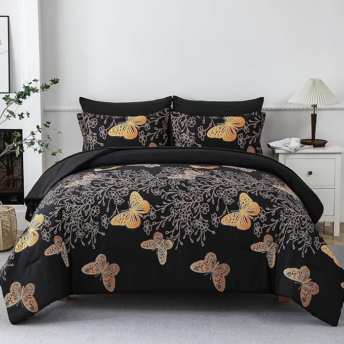 Practical Yogeneg 7 Piece Bed in a Bag Full Size Comforter Set Black Bedding Set Specialty