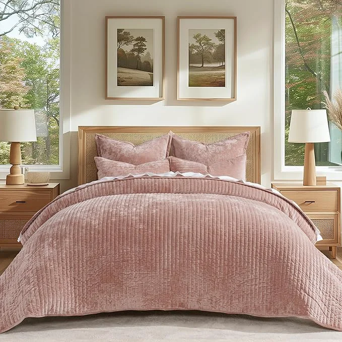 Traditional EverGrace Velvet Quilt Set Queen Size Luxurious Soft Striped Channel Bedding Secure
